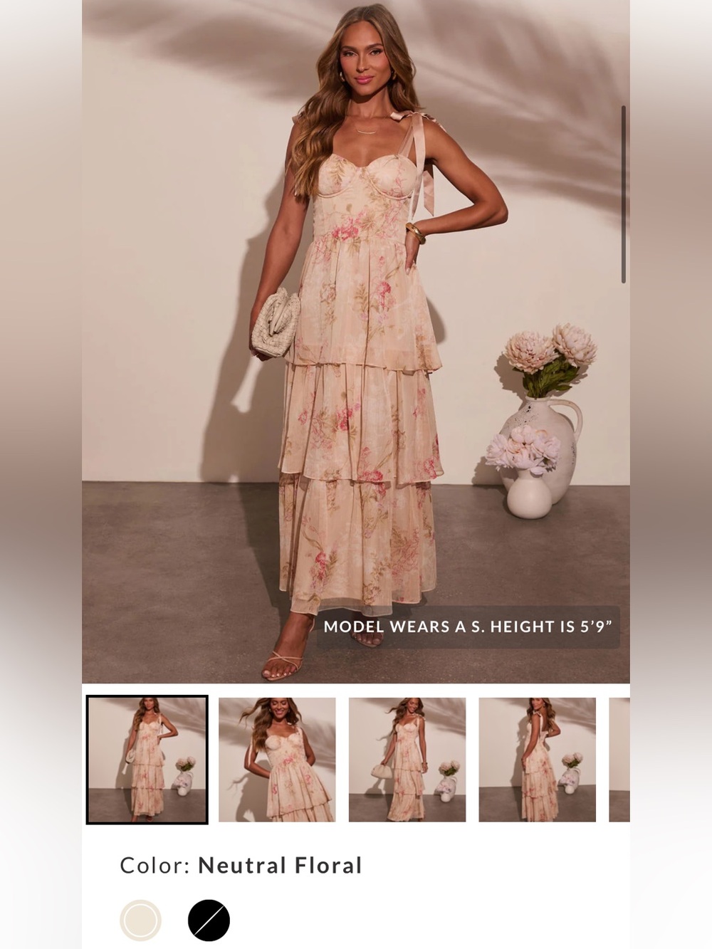Neutral Floral Tiered Long Dress - Women's Floral Dress